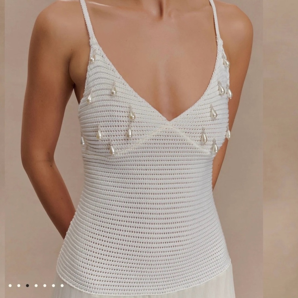 White Crochet Dress with Pearl Accents (M)